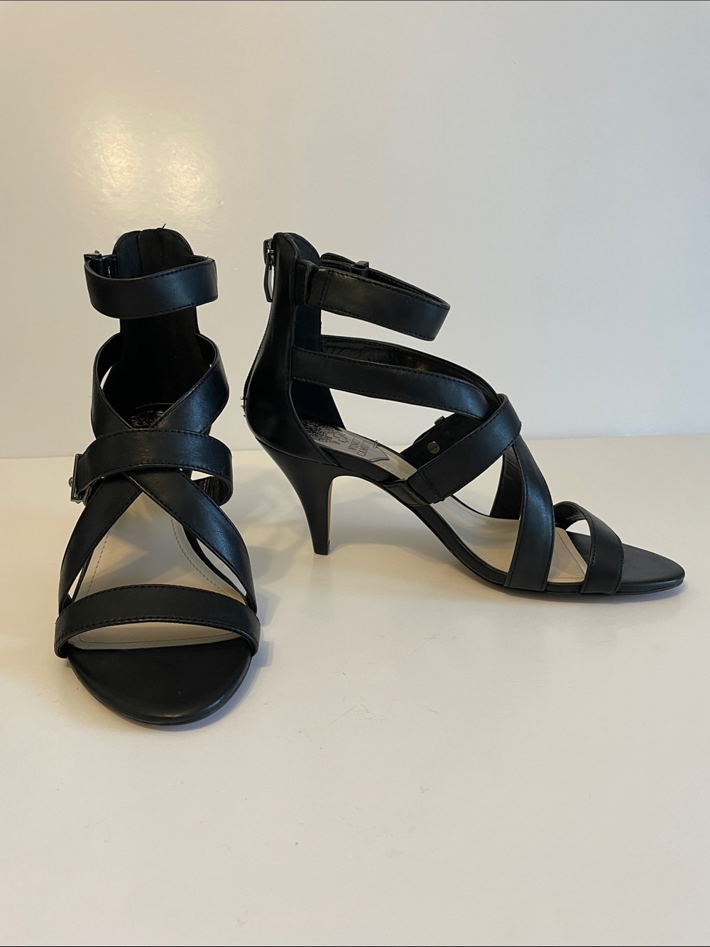 Vince Camuto “Macobi” Strappy Black Leather Kitten Heel Sandals